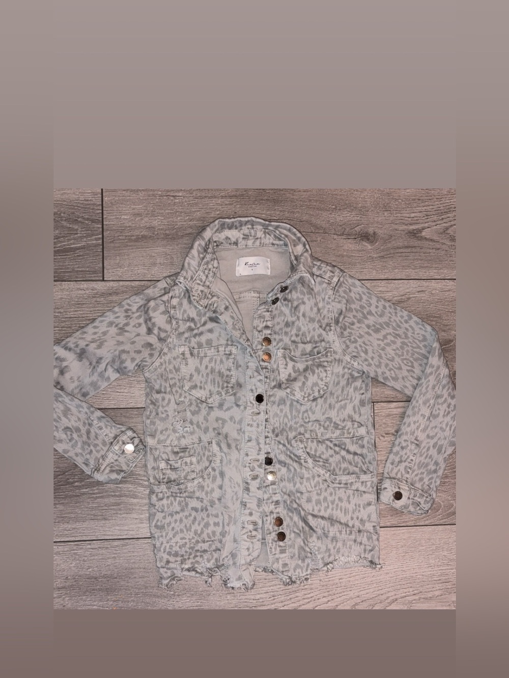Kancan Signature Girls Size Small Button Up Jacket Animal Print Gray Distressed